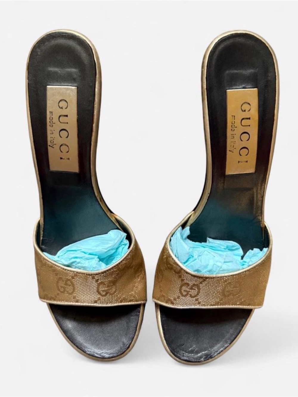 Gucci Gold Brown GG Monogram Slip-On Mules